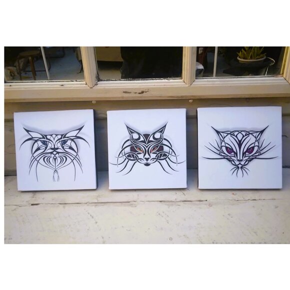 Tribal Cats (3 Panels) Original Art Giclee Canvas Wrap Prints - Picture 1 of 9